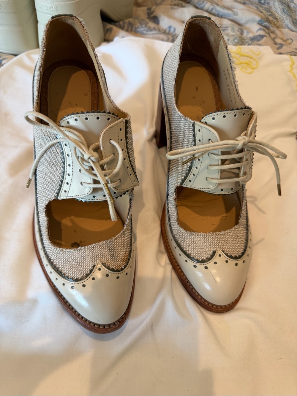 Cream Cutout Lace-Up Brogue Heels